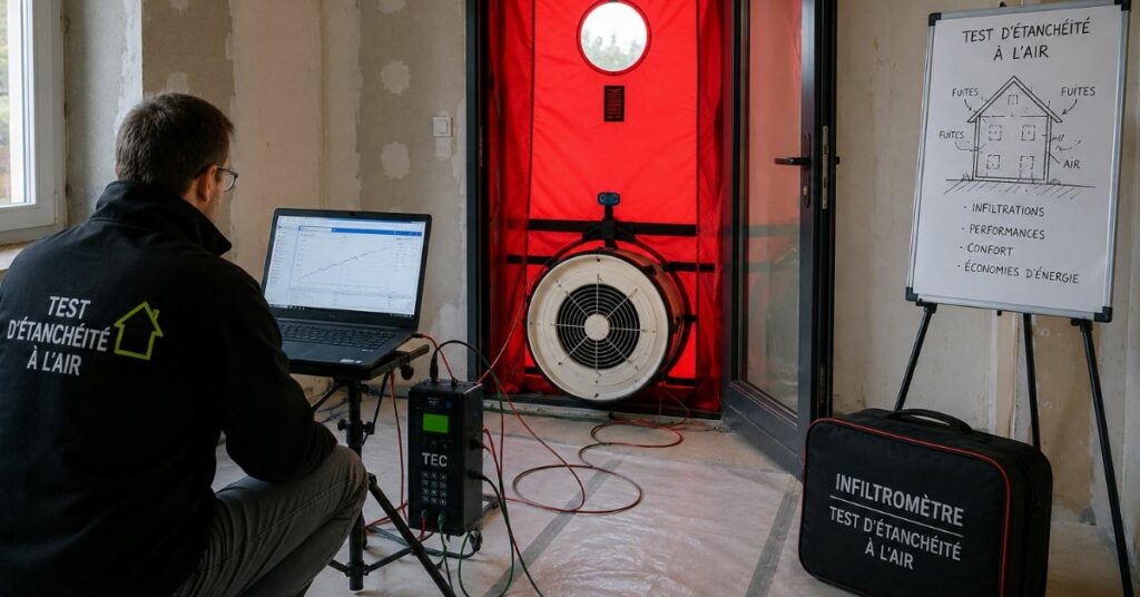 Test d’étanchéité à l’air dans une maison en rénovation énergétique